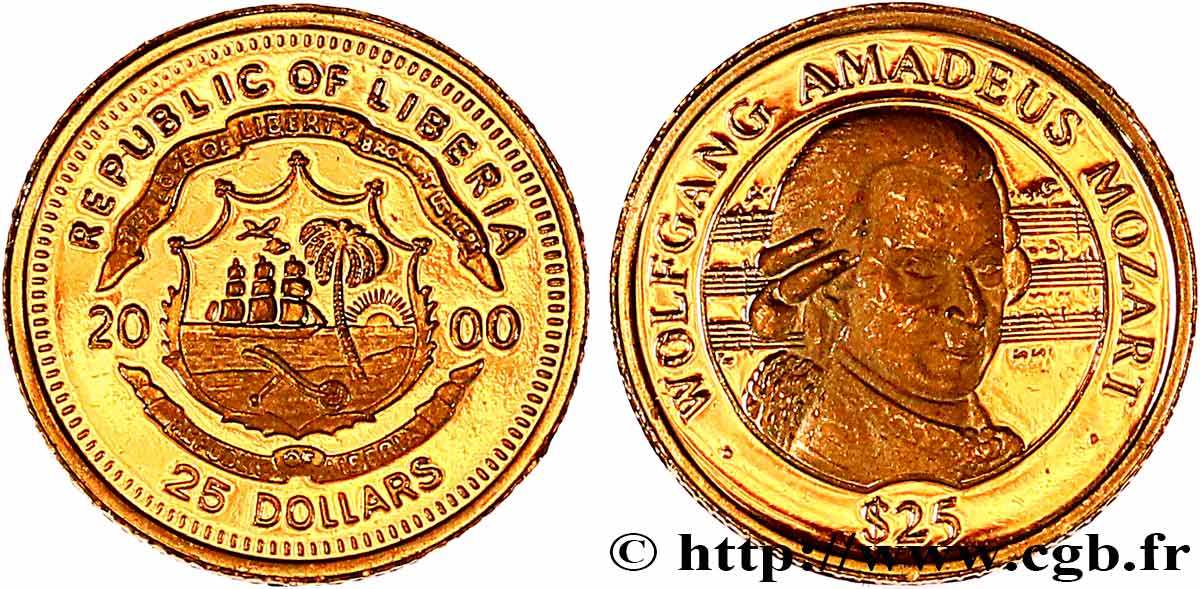 LIBERIA 25 Dollars Proof armes / Wolfgang Amadeus Mozart 2000  ST 