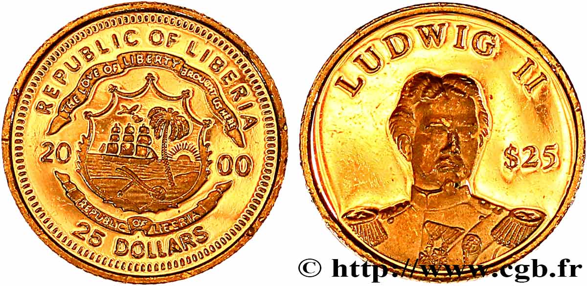 LIBERIA 25 Dollars Proof Louis II de Bavière 2000  FDC 
