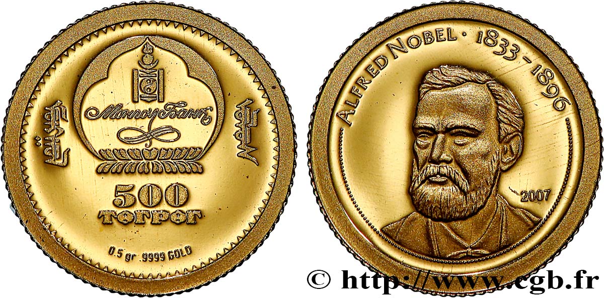 MONGOLEI 500 Tugrik Proof Nobel 2007  ST 
