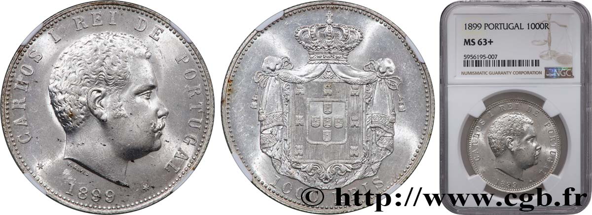 PORTUGAL 1000 Reis Charles Ier 1899  SPL63 NGC