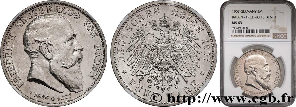 GERMANY - GRAND DUCHY OF BADEN - FREDERICK I 5 Mark  1907 Karlsruhe MS63 NGC
