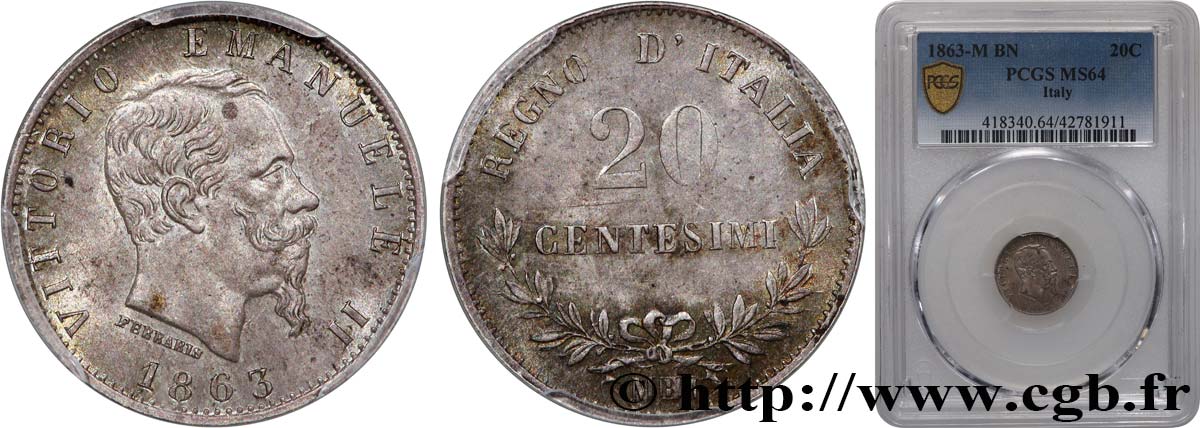ITALIE 20 Centesimi Victor Emmanuel II 1863 Milan SPL64 PCGS