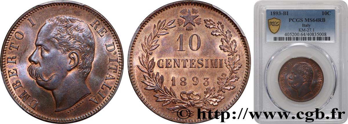 ITALIA 10 Centesimi Humbert Ier 1893 Birmingham SC64 PCGS
