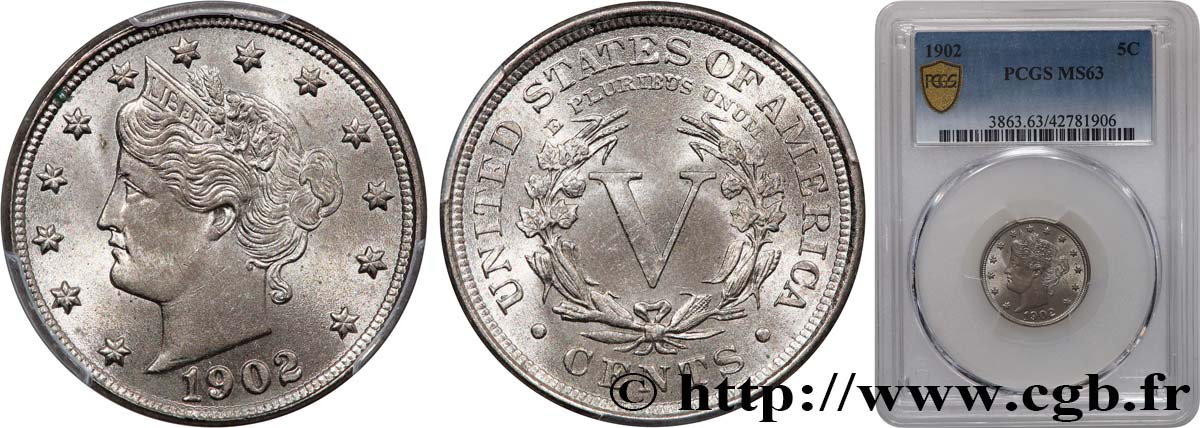 STATI UNITI D AMERICA 5 Cents Liberty Nickel 1902 Philadelphie MS63 PCGS