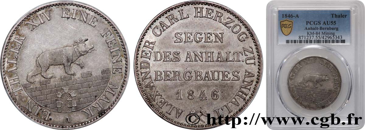 ALLEMAGNE - DUCHÉ D ANHALT-BERNBURG - ALEXANDRE CHARLES Thaler des mines 1846 Berlin VZ55 PCGS