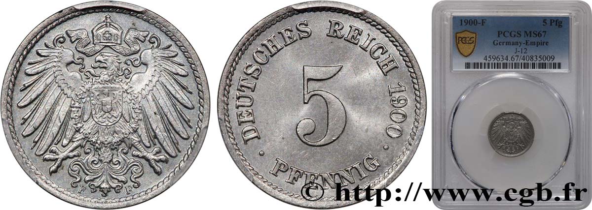 GERMANY 5 Pfennig 1900 Stuttgart MS67 PCGS