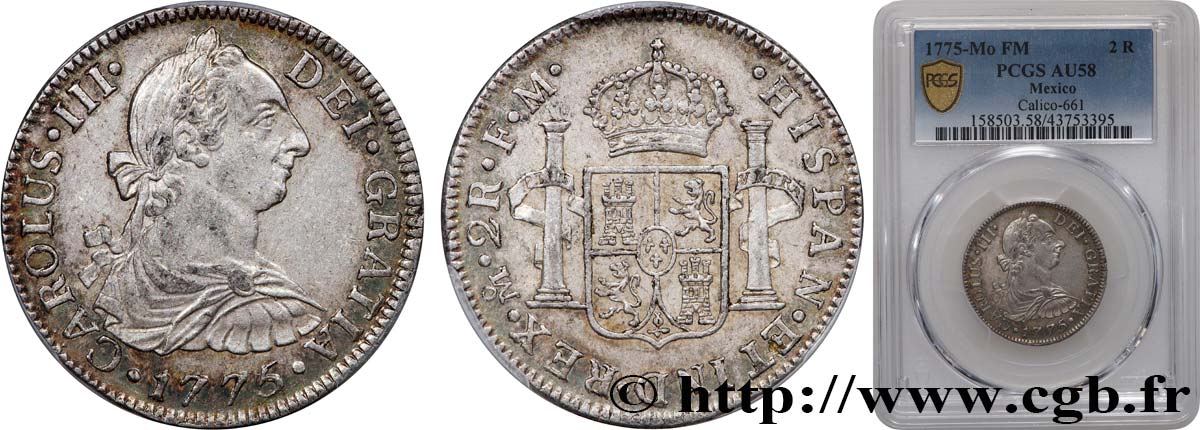 MESSICO 2 Reales Charles III 1775 Mexico SPL58 PCGS