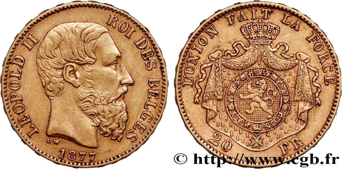 GOLD, PALLADIUM & PLATINUM INVESTMENT 20 Francs Léopold II 1877 Bruxelles AU 