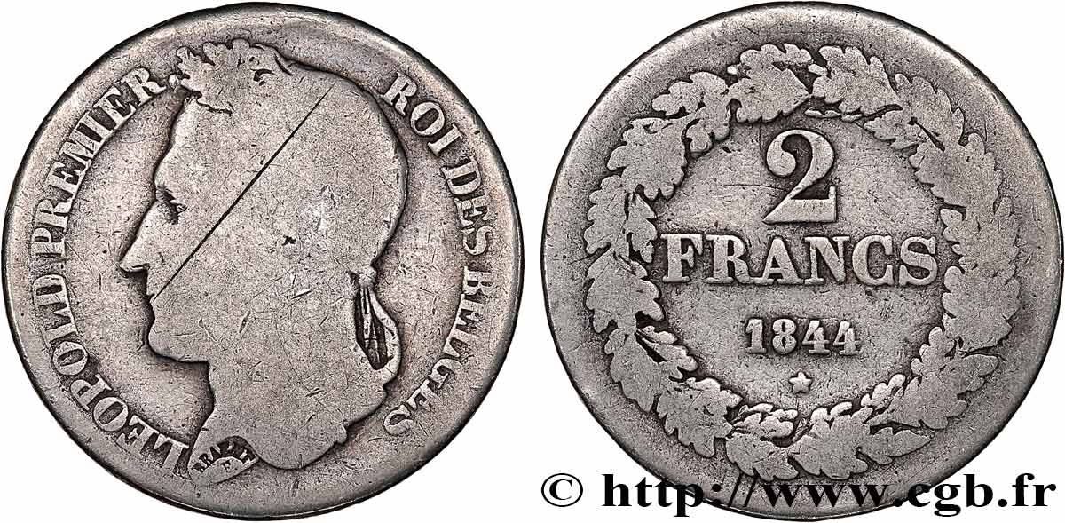 BELGIQUE - ROYAUME DE BELGIQUE - LÉOPOLD Ier 2 Francs Léopold Ier tête laurée 1844  F 