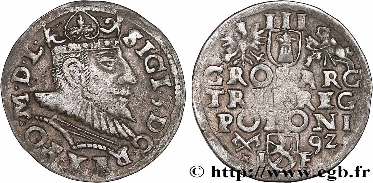 POLONIA - SIGISMONDO III VASA 3 Groschen ou trojak ryski 1592 Poznan BB 