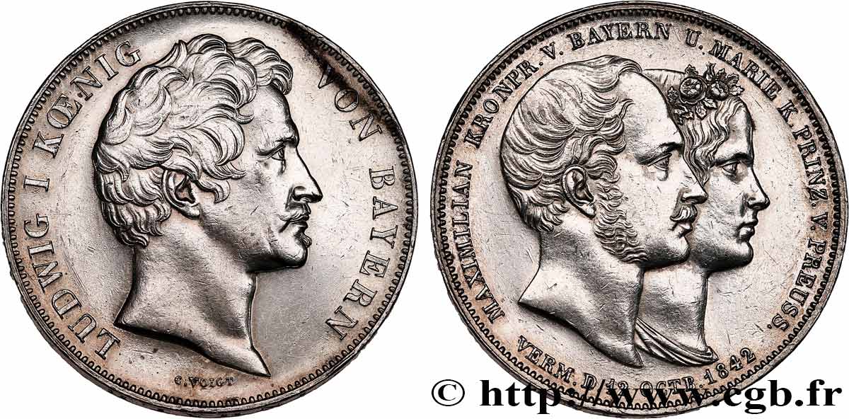 ALLEMAGNE - ROYAUME DE BAVIÈRE - LOUIS Ier Double Thaler mariage de Maximilien et de Marie 1842 Münich TTB+ 