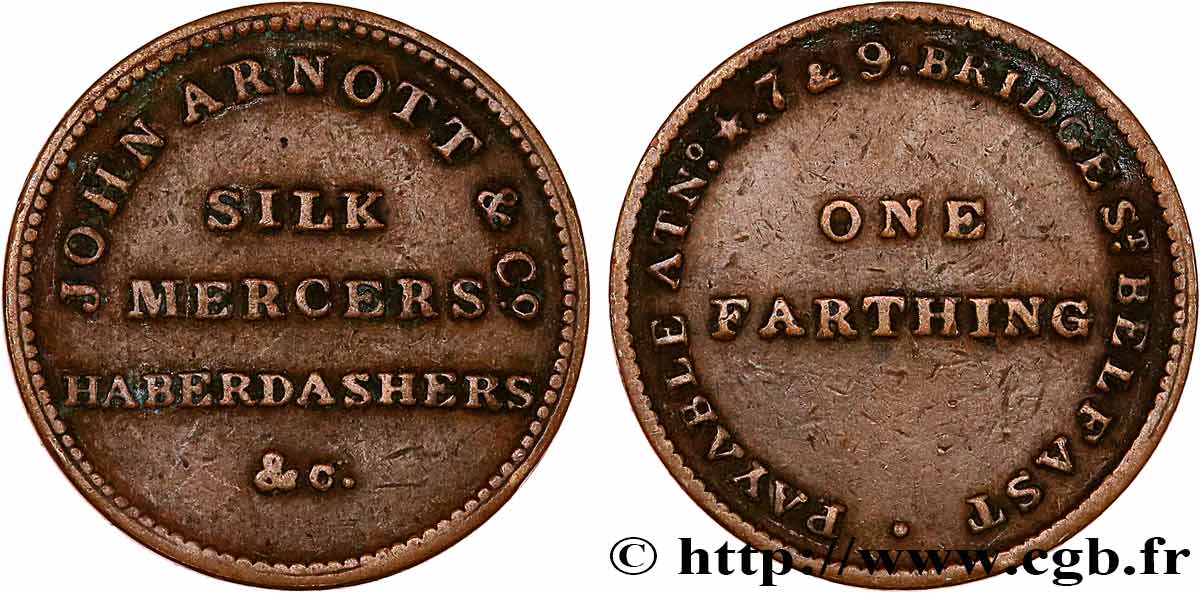 REINO UNIDO (TOKENS) 1 Farthing John Arnott & Co Belfast N.D. (1841)  MBC 