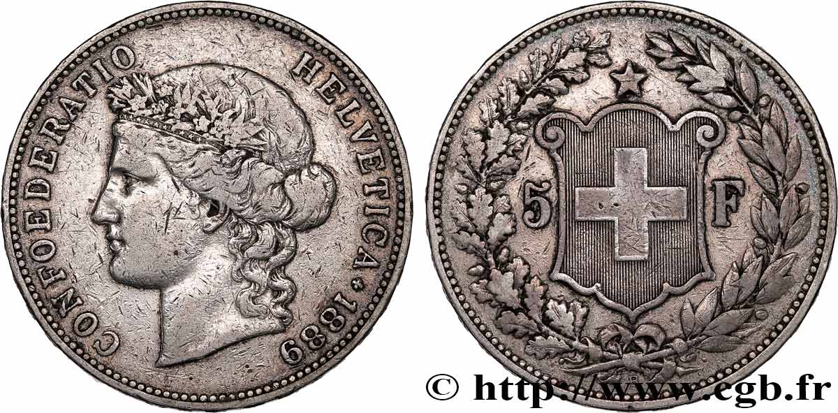 SUISSE 5 Francs Helvetia 1889 Berne TB+ 