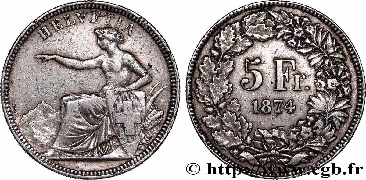 SUISSE 5 Francs Helvetia assise 1874 Bruxelles TB+ 