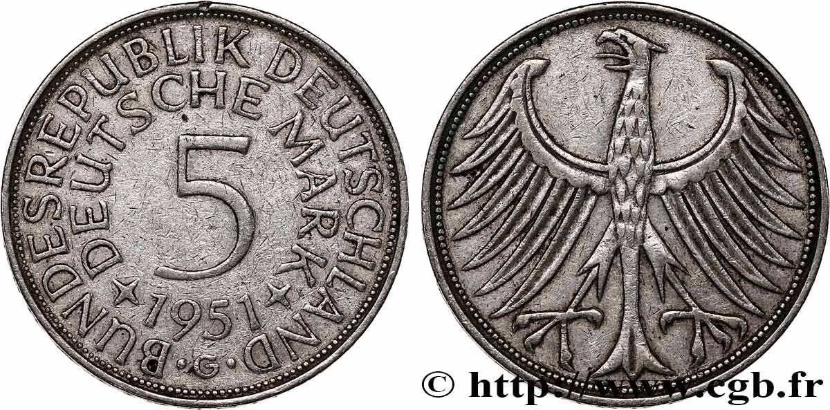 DEUTSCHLAND 5 Mark aigle 1951 Karlsruhe fVZ 