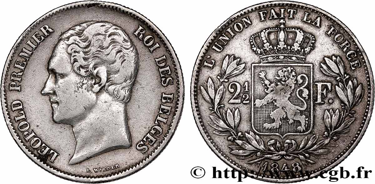 BELGIQUE - ROYAUME DE BELGIQUE - LÉOPOLD Ier 2 1/2 Francs, 2e type, petite tête nue 1848 Bruxelles TTB 