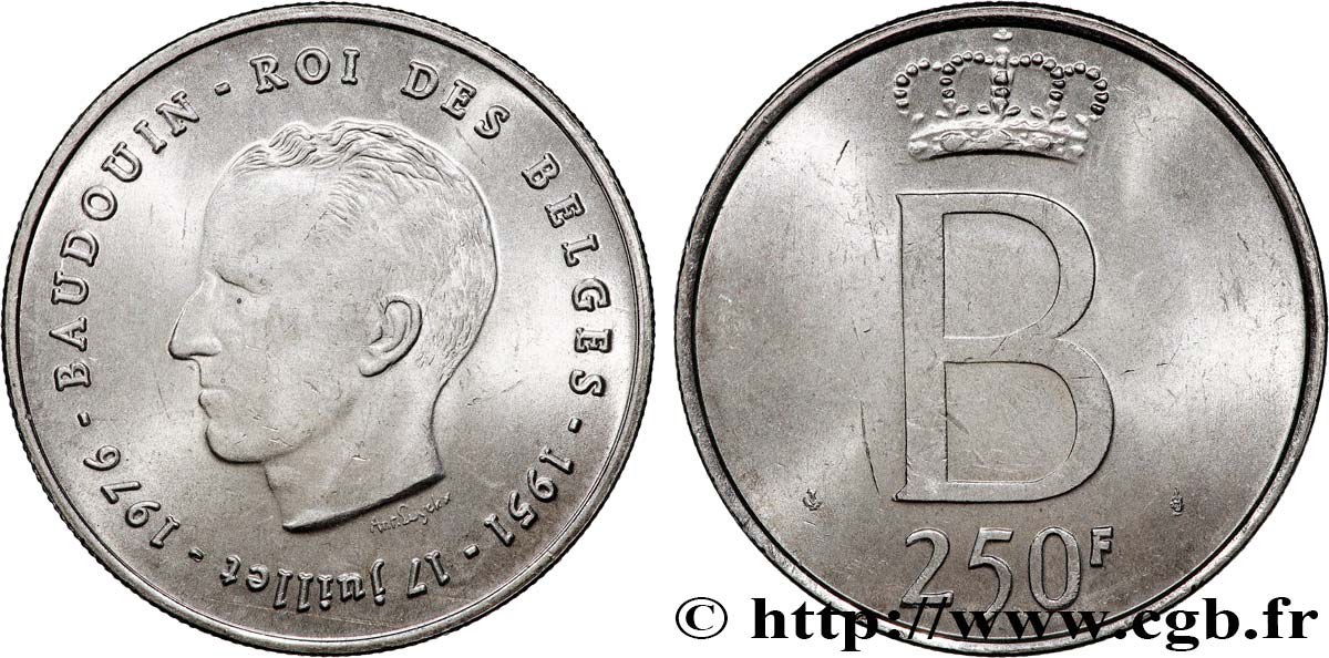 BELGIQUE 250 Francs jubilé d’argent du roi Baudouin légende française 1976 Bruxelles SUP 