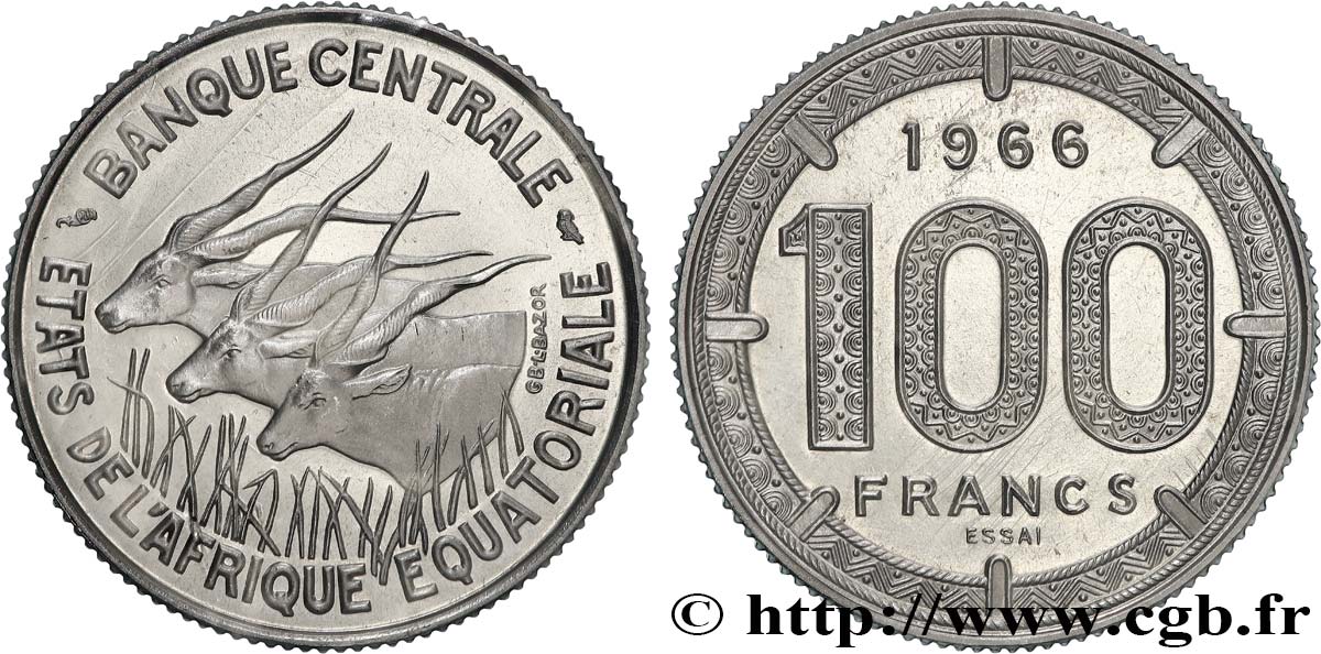 ÄQUATORIALAFRIKA Essai de 100 Francs antilopes 1966 Paris ST 