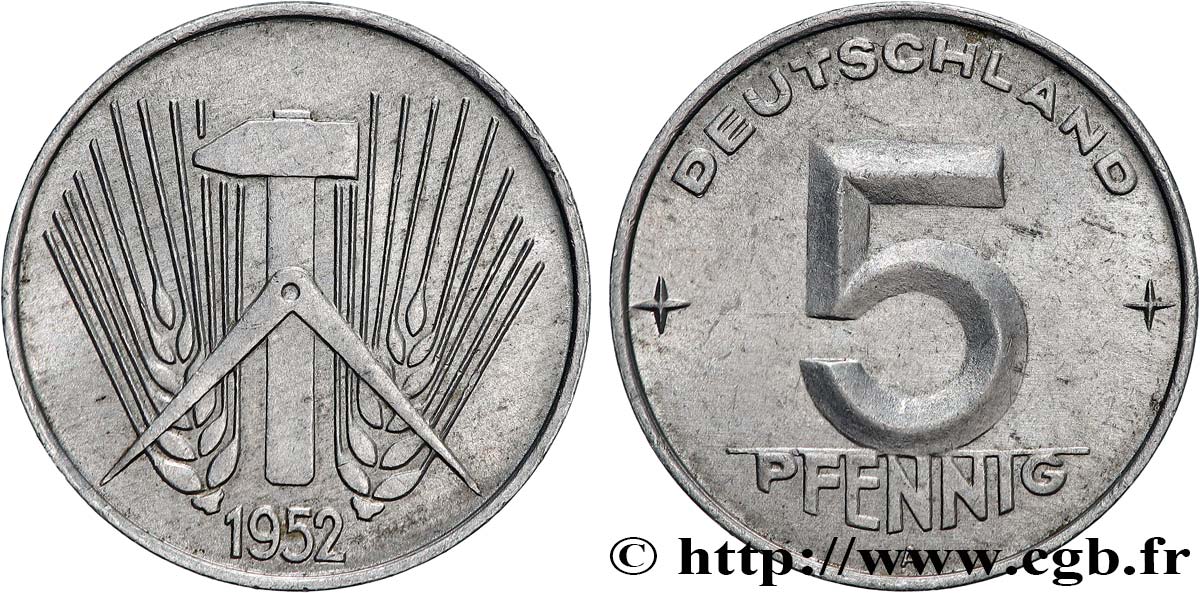 ALLEMAGNE RÉPUBLIQUE DÉMOCRATIQUE 5 Pfennig épis, marteaux et compas type Deutschland 1952 Berlin SUP 