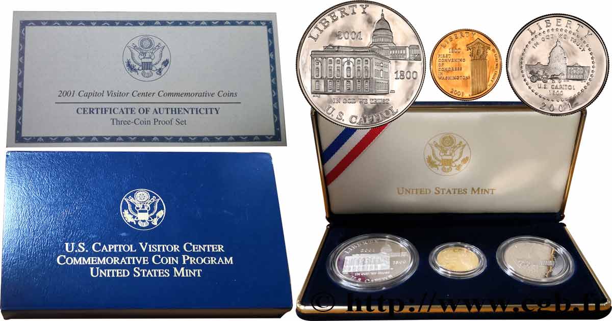 UNITED STATES OF AMERICA Coffret 3 Monnaies Proof Centre de visite du Capitole 2001 Philadelphie + West Point MS 