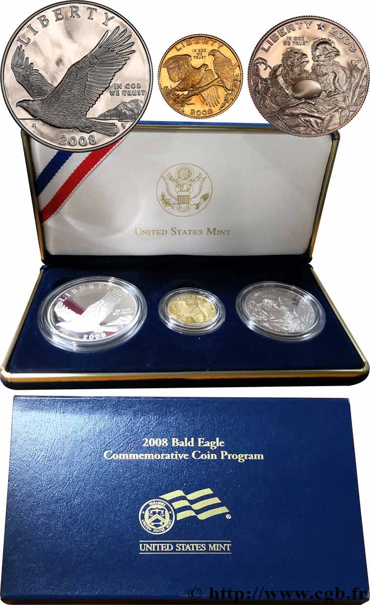 ÉTATS-UNIS D AMÉRIQUE Coffret 3 Monnaies Proof American Bald Eagle 2008 San Francisco + Philadelphie + West Point FDC 