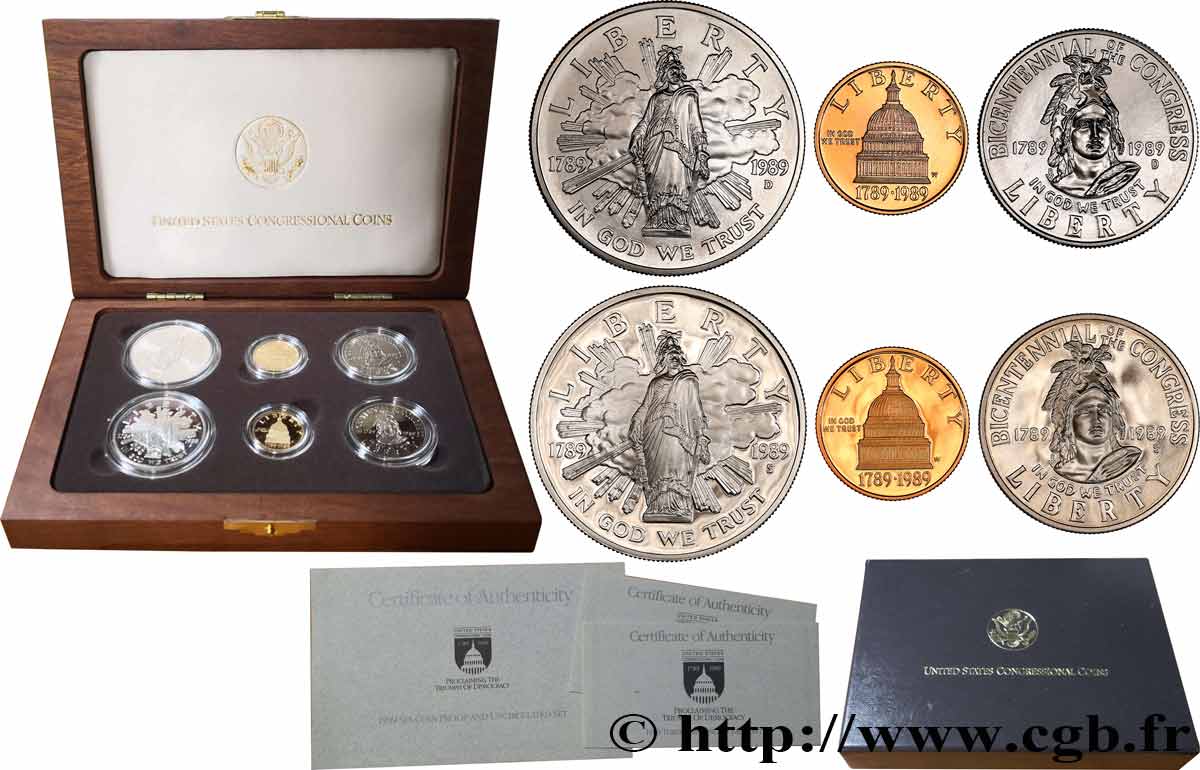 UNITED STATES OF AMERICA Coffret 6 monnaies Proof et BU bicentenaire du Congrès 1989 Denver, San Francisco, West Point MS 