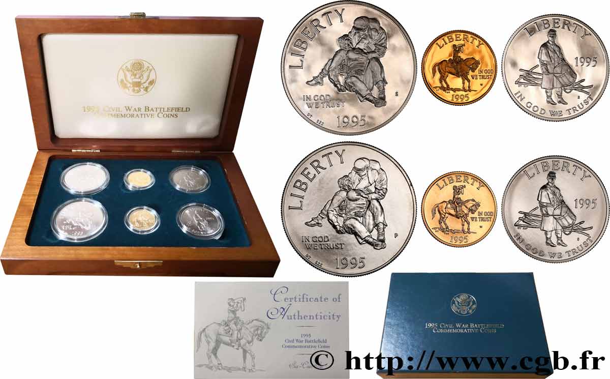ÉTATS-UNIS D AMÉRIQUE Coffret 6 monnaies Proof et BU Champs de bataille de la Guerre Civile 1995 Philadelphie, San Francisco, West Point FDC 