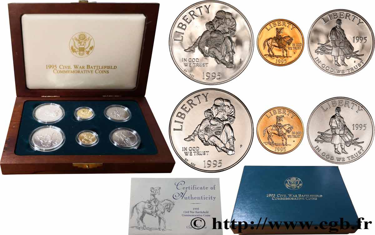 ÉTATS-UNIS D AMÉRIQUE Coffret 6 monnaies Proof et BU Champs de bataille de la Guerre Civile 1995 Philadelphie, San Francisco, West Point FDC 