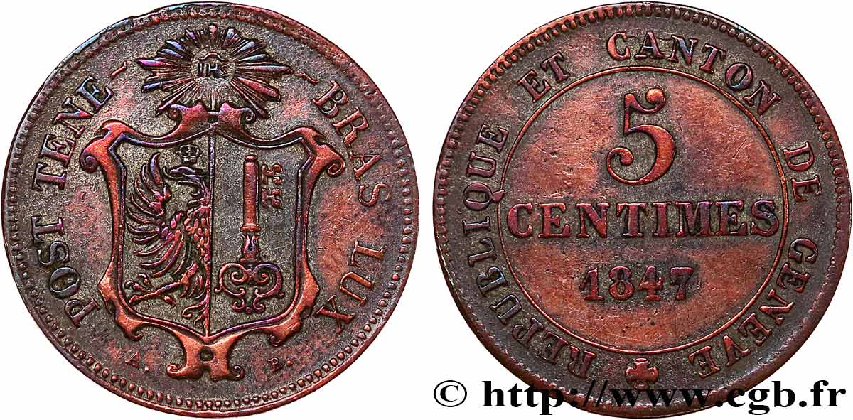 SUISSE - RÉPUBLIQUE DE GENÈVE 5 Centimes 1847  TTB 