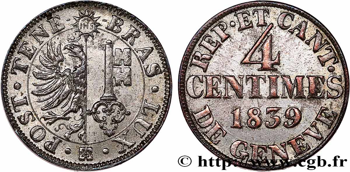 SVIZZERA - REPUBBLICA DE GINEVRA 4 Centimes - Canton de Genève 1839  BB 