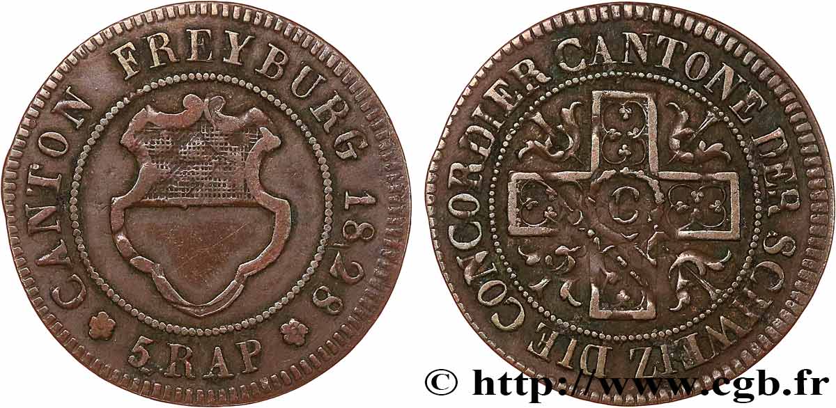 SWITZERLAND - CANTON OF FRIBOURG 5 Rappen 1828  XF 