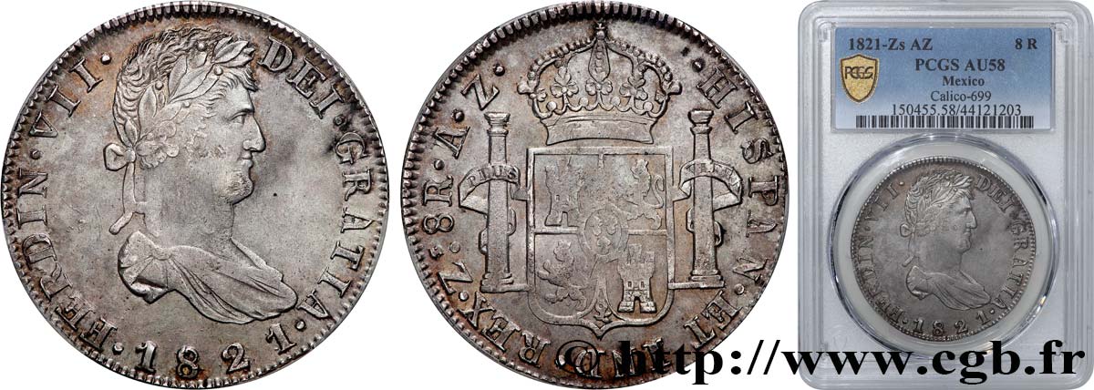 MEXICO - FERDINAND VII 8 Reales 1821 Zacatecas AU58 PCGS
