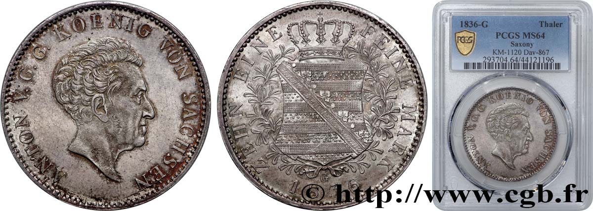 GERMANY - KINGDOM OF SAXONY - ANTHONY 1 Thaler  1836 Dresde MS64 PCGS