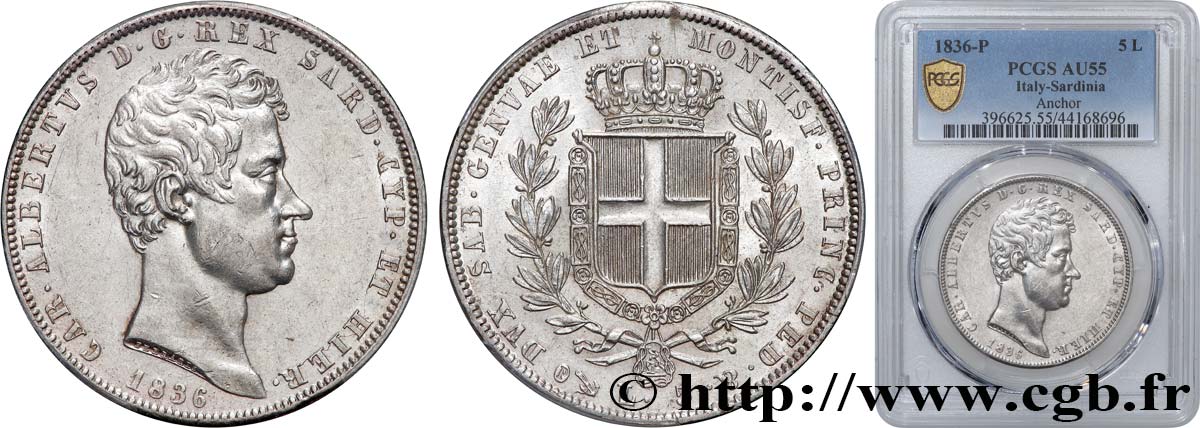 ITALY - KINGDOM OF SARDINIA - CHARLES-ALBERT 5 Lire  1836 Gênes AU55 PCGS