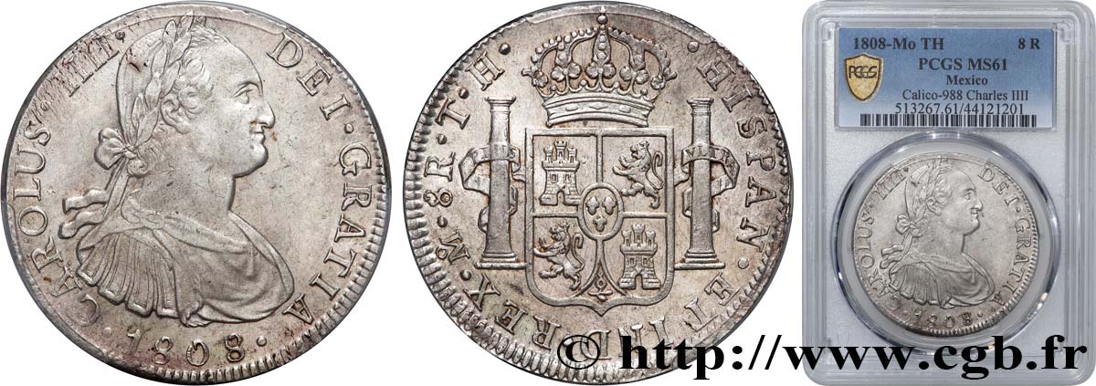MEXICO - CHARLES IV 8 Reales  1808 Mexico MS61 PCGS