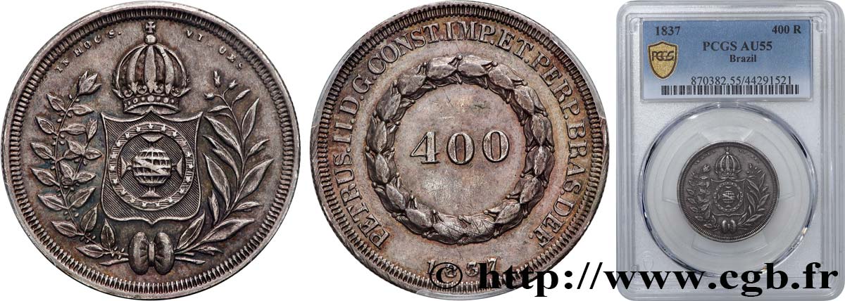 BRÉSIL - EMPIRE DU BRÉSIL - PIERRE II 400 Reis  1837 Rio de Janeiro EBC55 PCGS