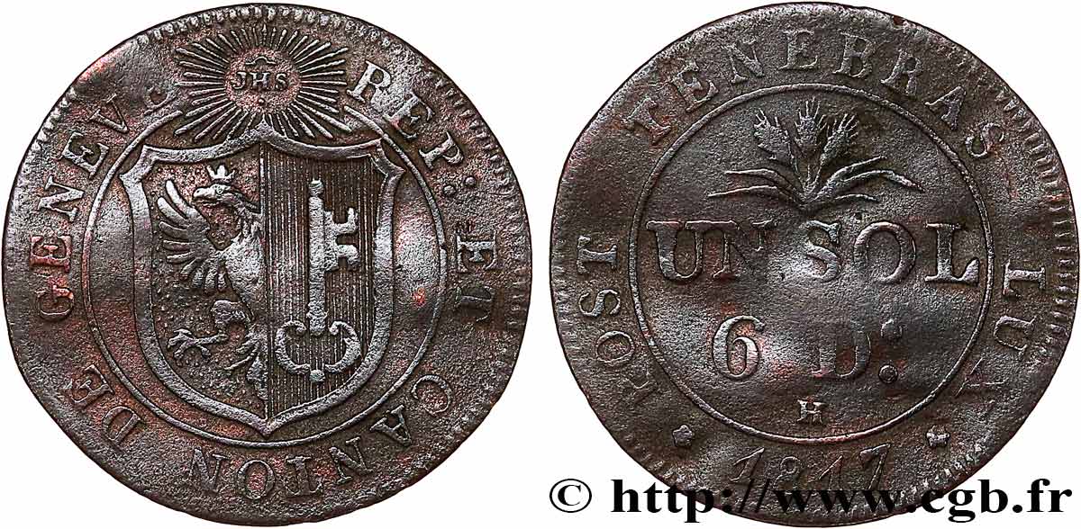 SUISSE - RÉPUBLIQUE DE GENÈVE 1 Sol (6 Deniers) 1817  TB+ 