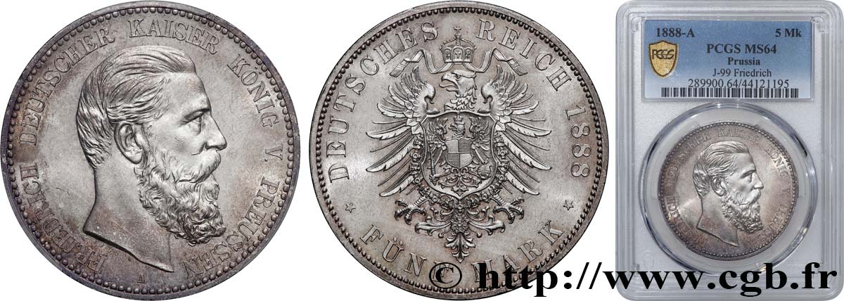 GERMANY - KINGDOM OF PRUSSIA - FREDERICK III 5 Mark  1888 Berlin MS64 PCGS