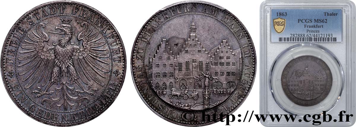 GERMANY - FREE CITY OF FRANKFURT Thaler  1863 Francfort MS62 PCGS