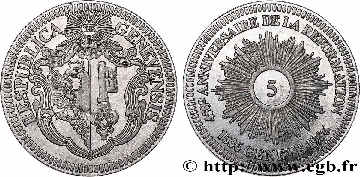 SUISSE - RÉPUBLIQUE DE GENÈVE 5 Pistoles 450e anniversaire de la Réforme à Genève 1986  SPL 