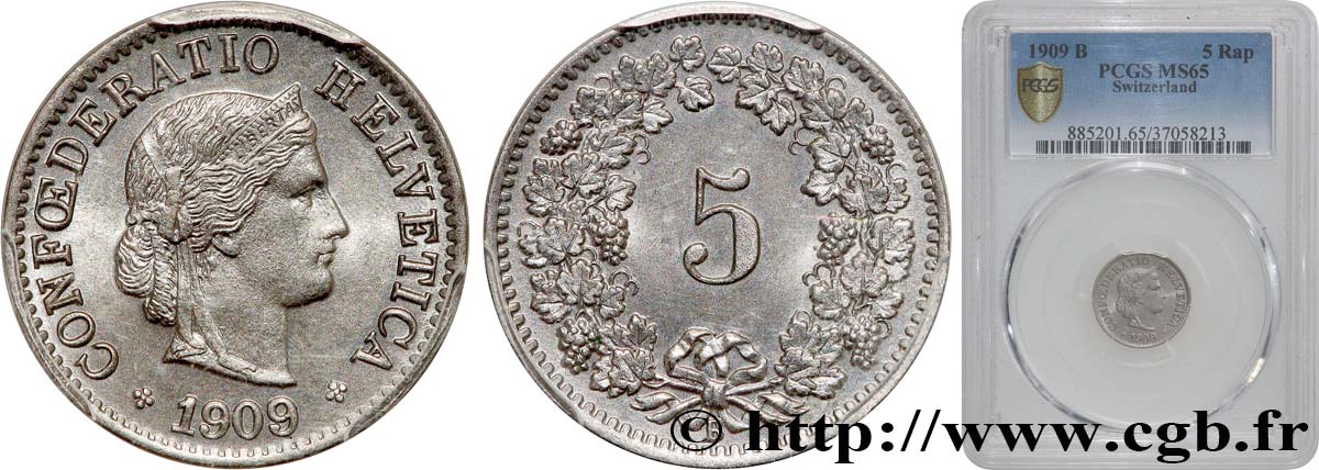SUIZA 5 Centimes (Rappen) 1909 Berne FDC65 PCGS