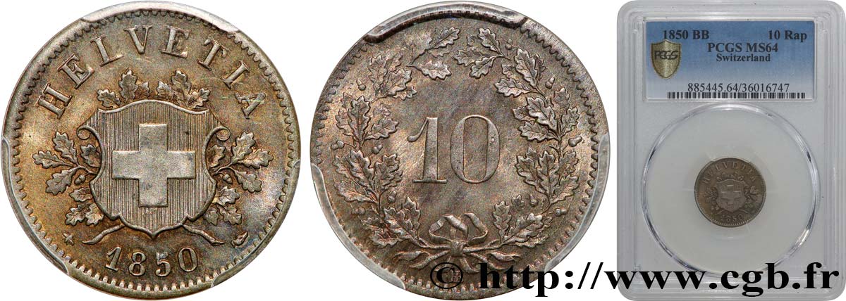 SWITZERLAND 10 Centimes (Rappen) 1850 Strasbourg  MS64 PCGS