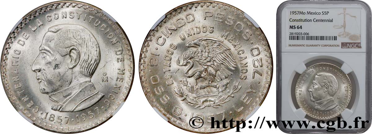 MEXICO 5 Pesos 100e anniversaire de la Constitution 1957 Mexico MS64 NGC