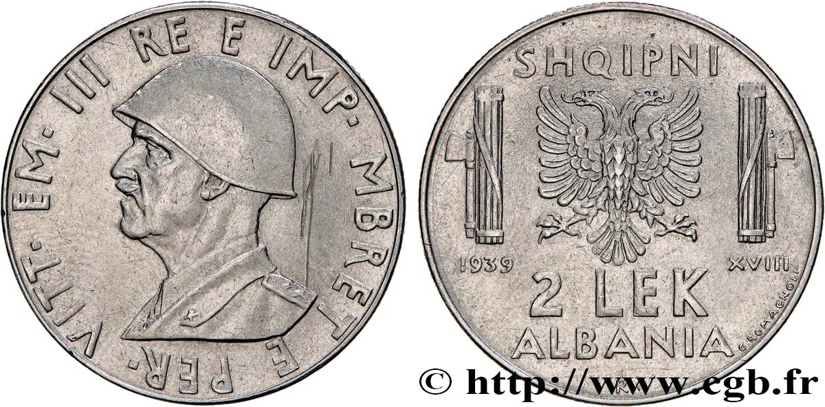 ALBANIE 2 Lek Victor-Emmanuel III d’Italie 1939 Rome TTB 