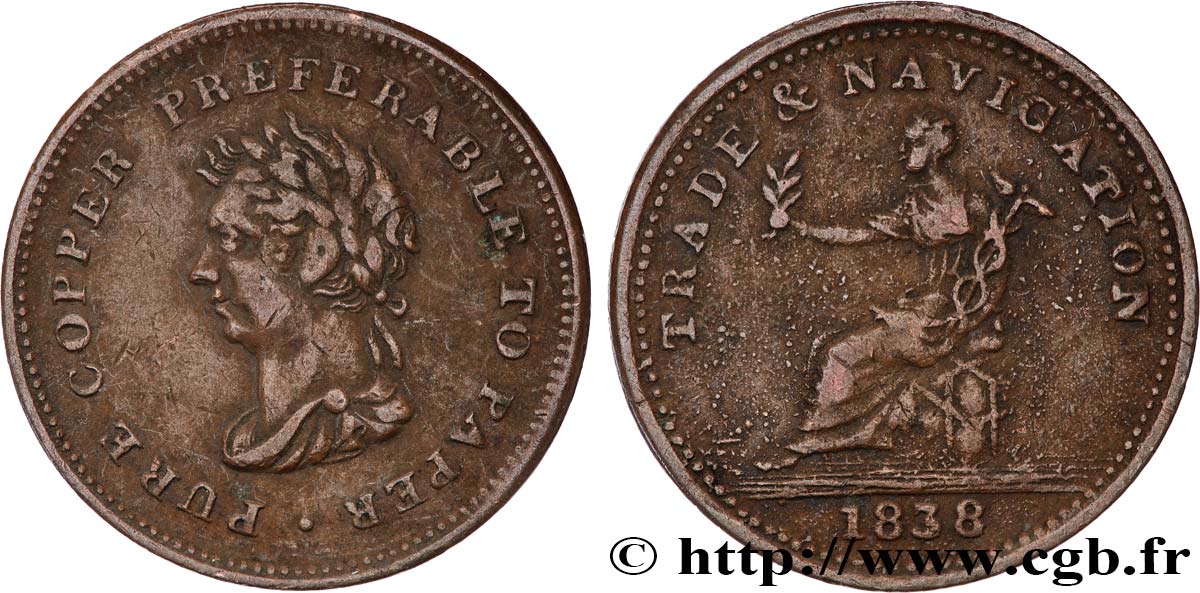 BRITISH TOKENS OR JETTONS 1 Penny - Trade Navigation (Canada) 1838  VF 