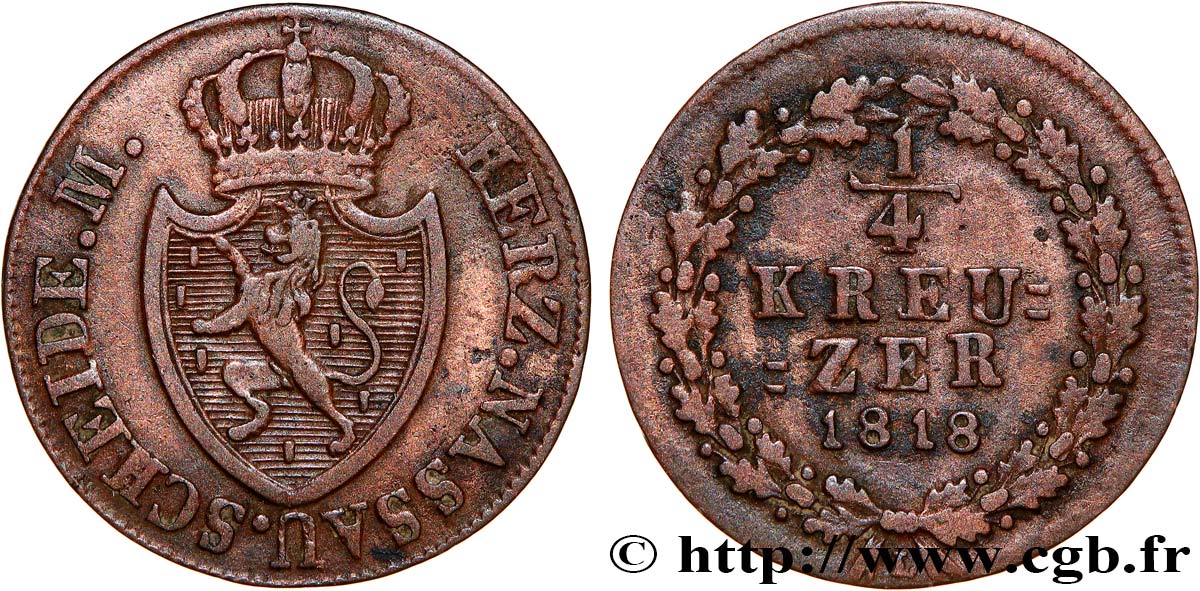 GERMANY - NASSAU 1/4 Kreuzer Grand-Duché de Nassau 1818  XF 