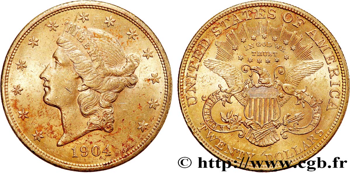 INVESTMENT GOLD 20 Dollars  Liberty  1904 Philadelphie MBC 