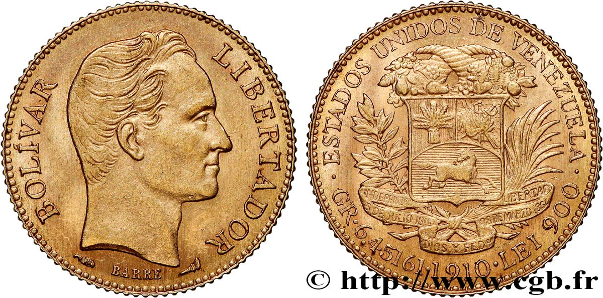 VENEZUELA 20 Bolivares or Simon Bolivar 1910 Paris q.SPL 