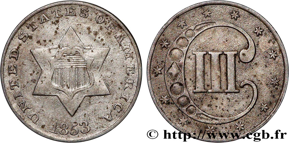 ÉTATS-UNIS D AMÉRIQUE 3 Cents 1853 Philadelphie TB+ 