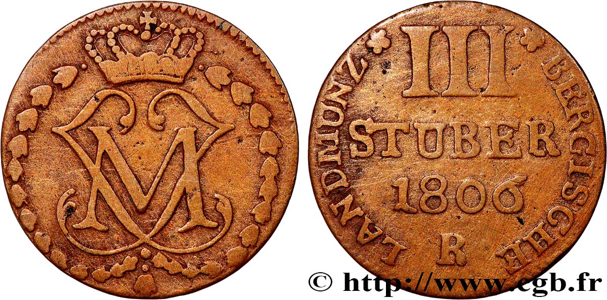 ALLEMAGNE - BERG 3 Stuber monogramme de Maximilien IV Joseph 1806 Düsseldorf TTB 
